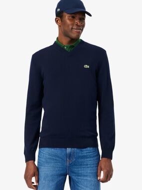 Lacoste Men's Navy V-Neck Pullover cotton sweater with Green Crocodile Logo